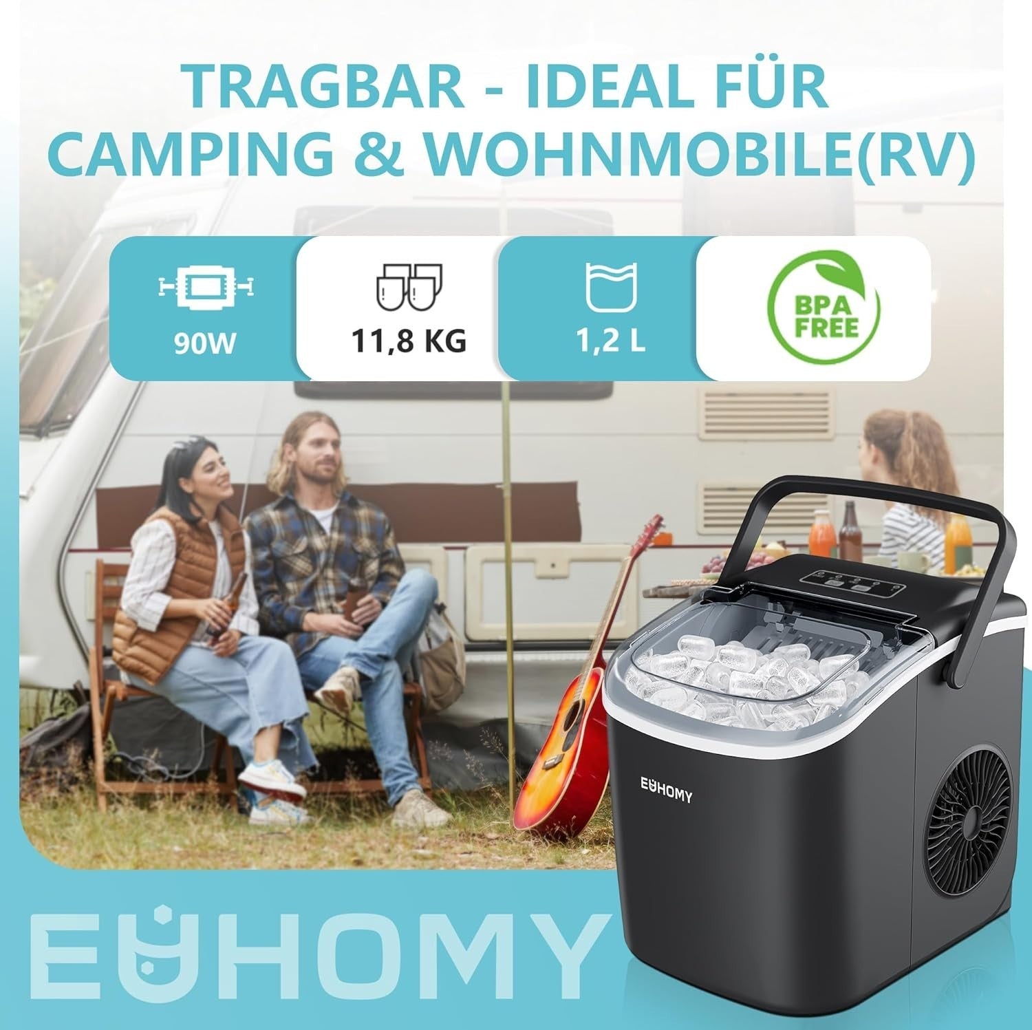 Eiswürfelmaschine 12KG/24H – Ice Maker 9 Würfel in 6 Min. mit Griff & Reinigung