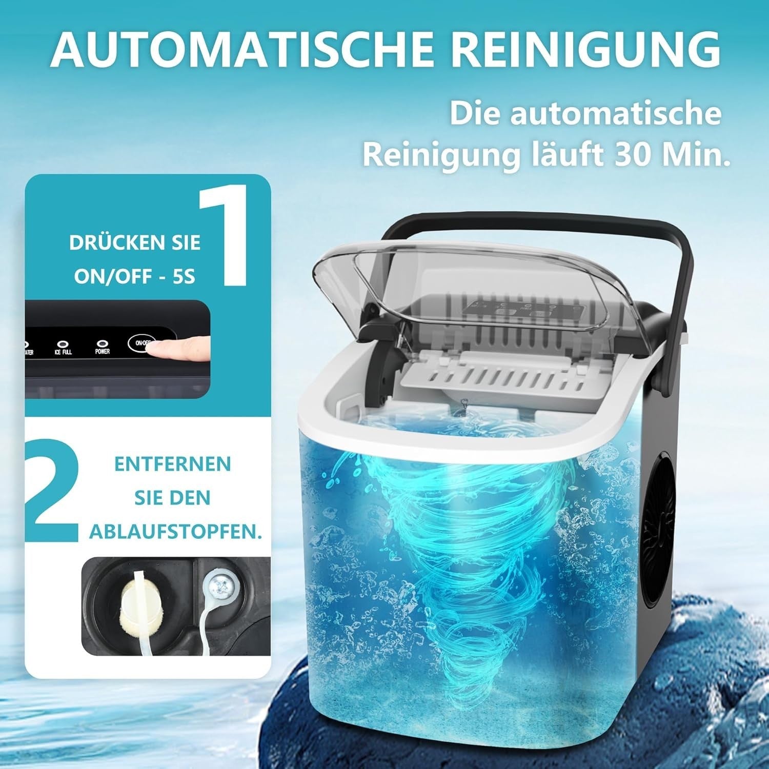 Eiswürfelmaschine 12KG/24H – Ice Maker 9 Würfel in 6 Min. mit Griff & Reinigung