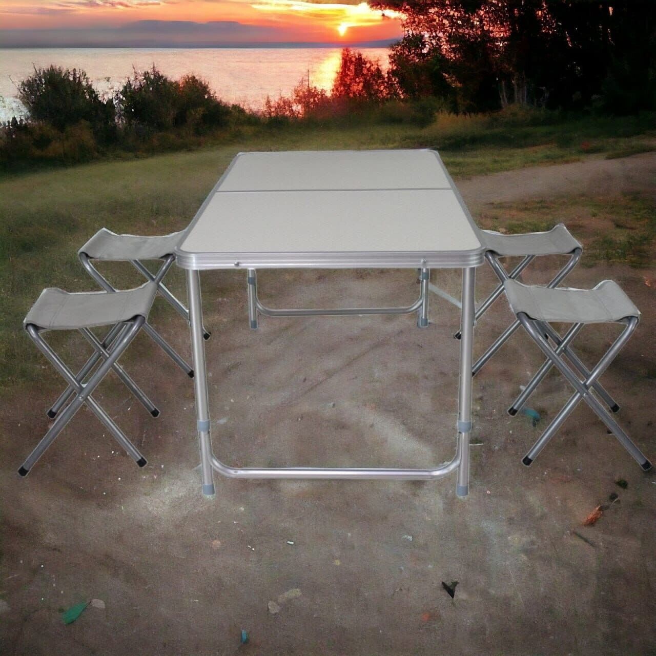 ebay campingtisch Campingtisch Set klappbar 120x60 cm mit 4 Hockern höhenverstellbar Out