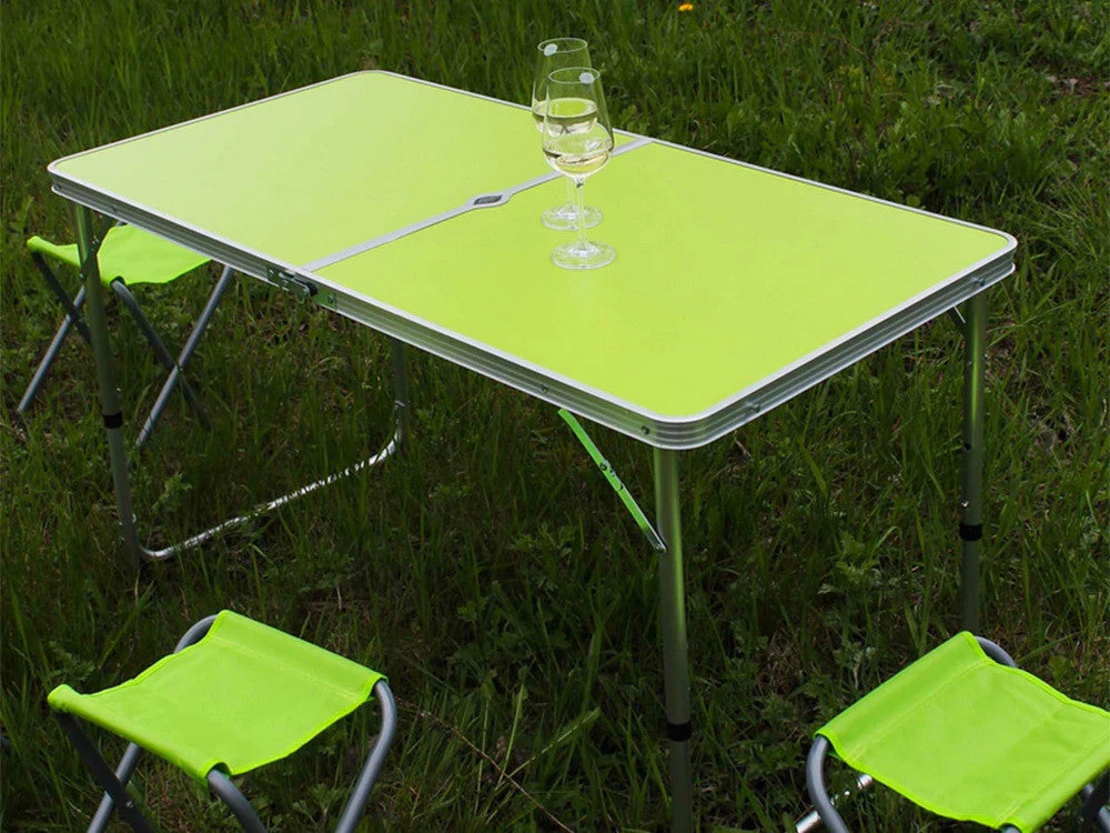 Campingtisch Set klappbar 120x60cm mit 4 Hockern – Höhenverstellbar & Grün