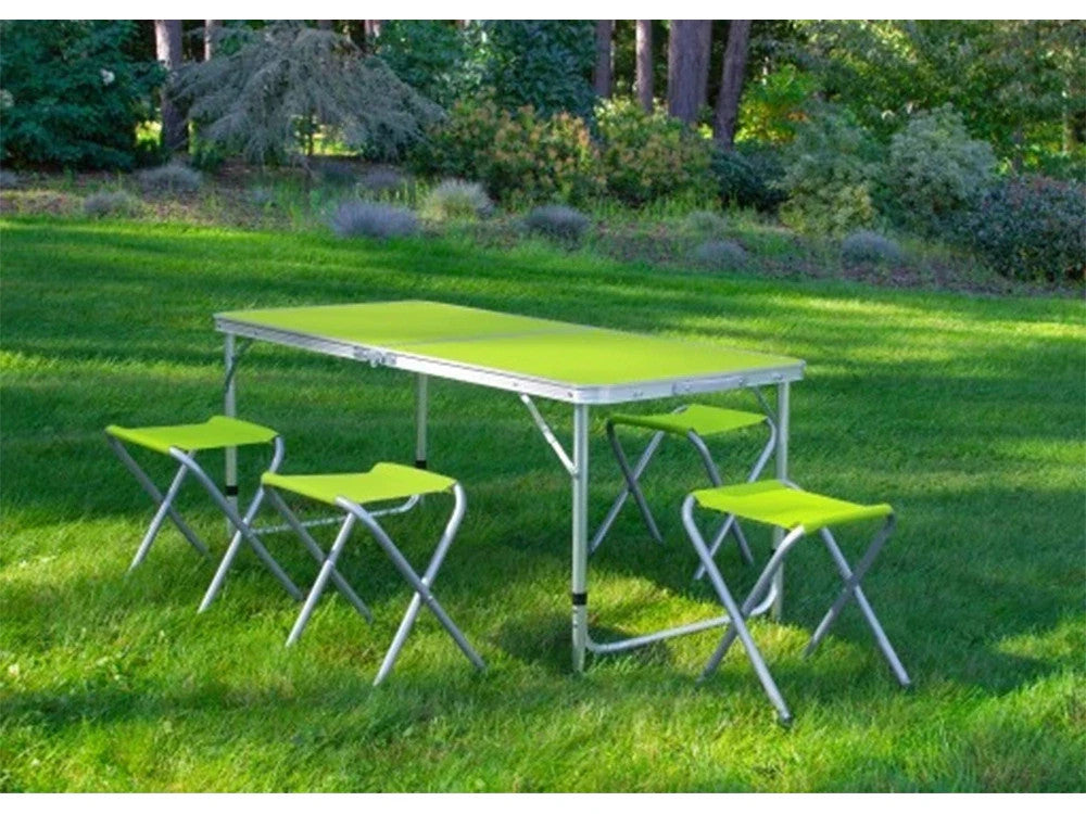 Campingtisch Set klappbar 120x60cm mit 4 Hockern – Höhenverstellbar & Grün