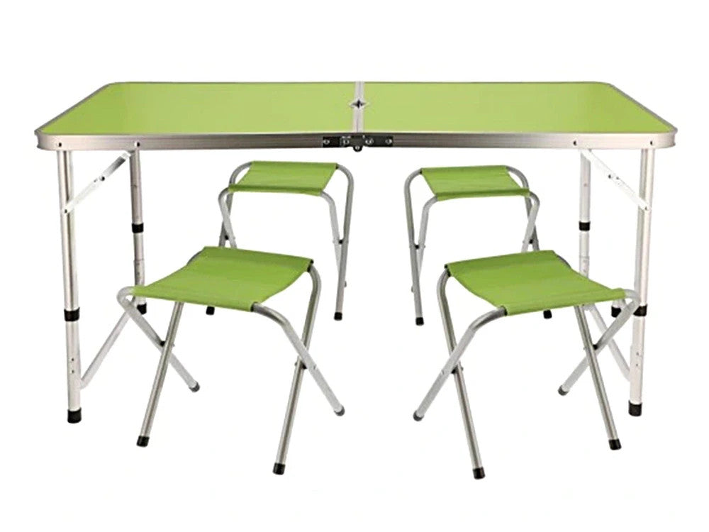 Campingtisch Set klappbar 120x60cm mit 4 Hockern – Höhenverstellbar & Grün