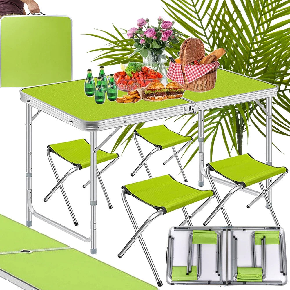 Campingtisch Set klappbar 120x60cm mit 4 Hockern – Höhenverstellbar & Grün