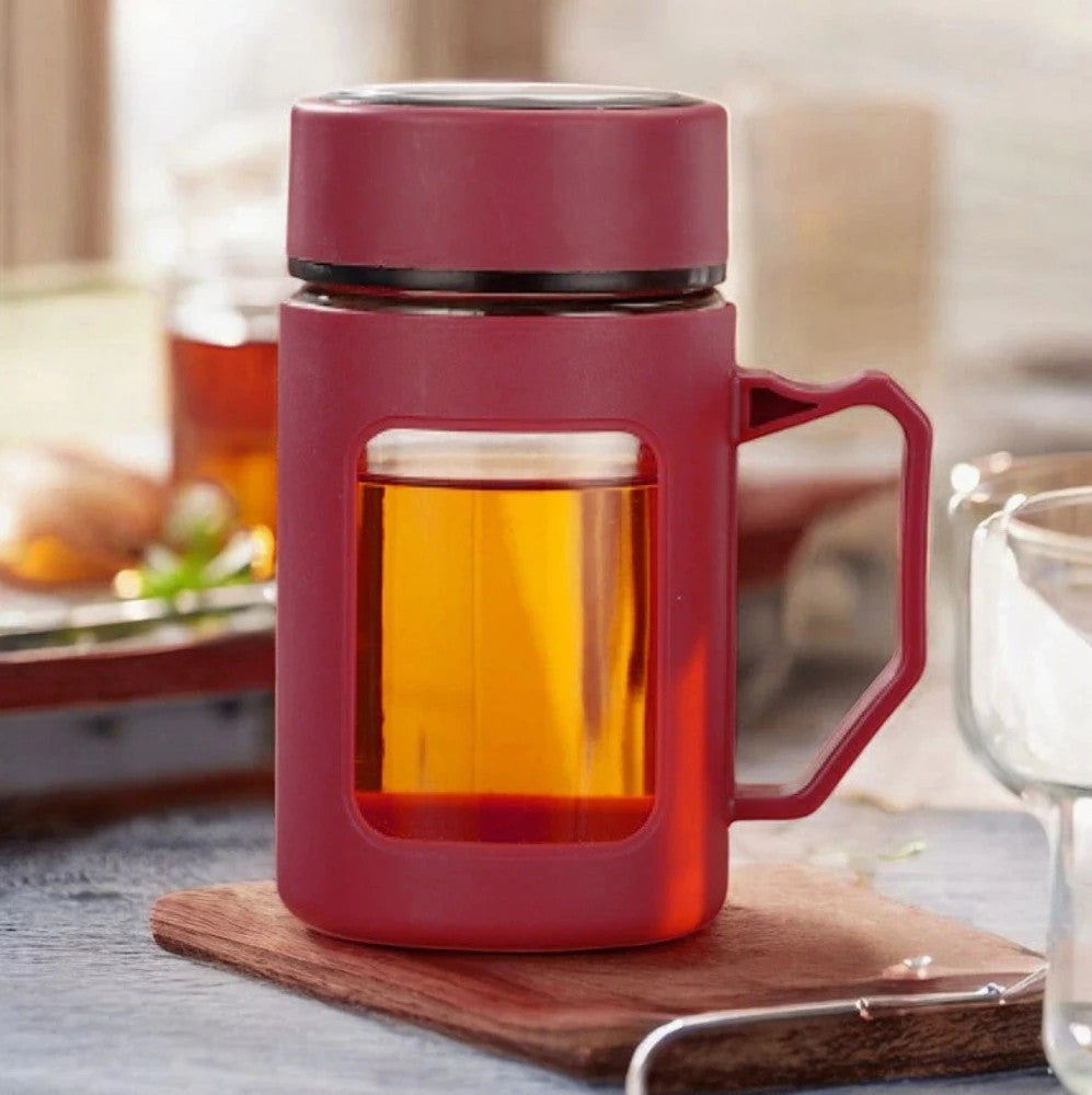 Teeflasche aus Glas 500ml – Thermobecher mit Henkel, Rot oder Schwarz