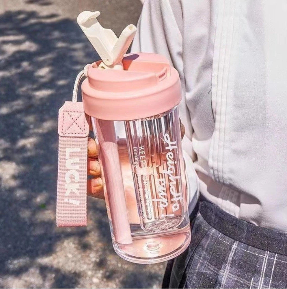 Wasserflasche 600ml mit Strohhalm & Korb – BPA-frei, Simp Design, Pink