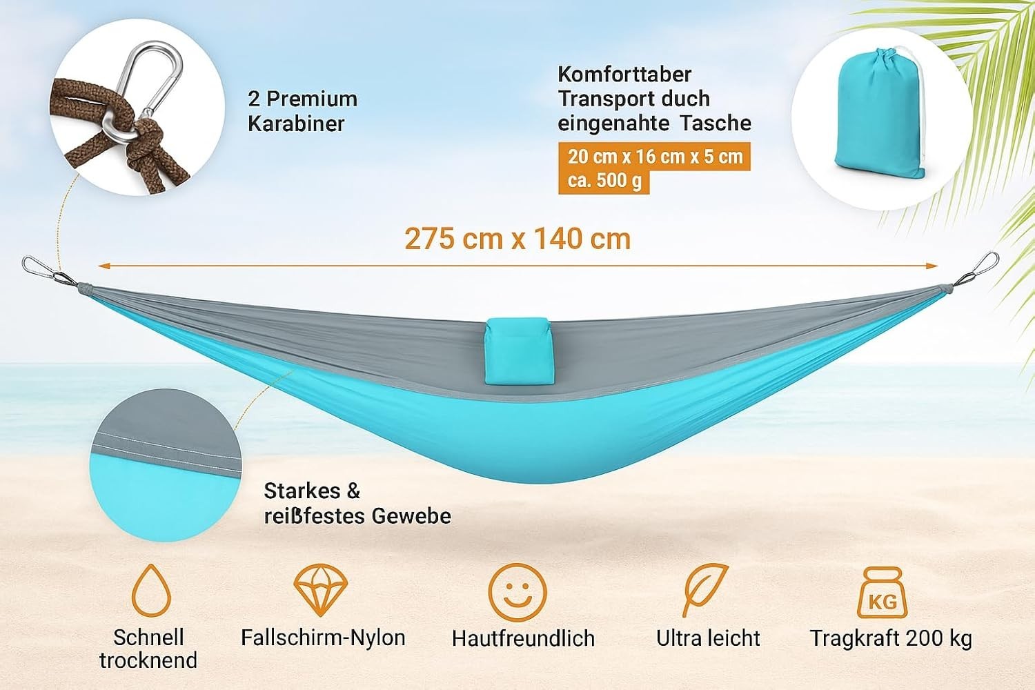 Ultraleichte Hängematte 275x140cm Fallschirm-Nylon 200kg inkl. Karabiner🌴🌞🌊🌿