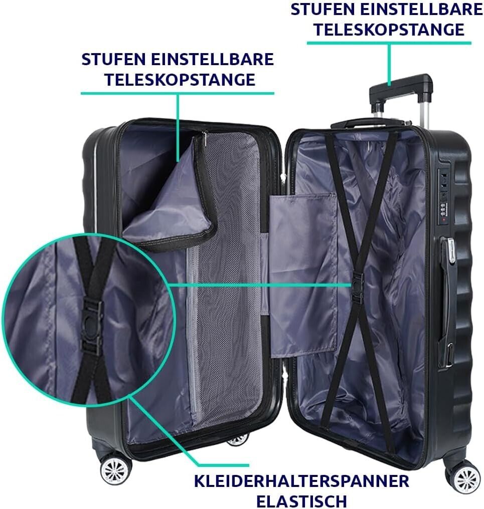 3-teiliges Hartschalen Kofferset Schwarz – Reisekoffer M/L/XL mit 4 Rollen & Zahlenschloss – ABS Trolley für Urlaub & Flugreisen