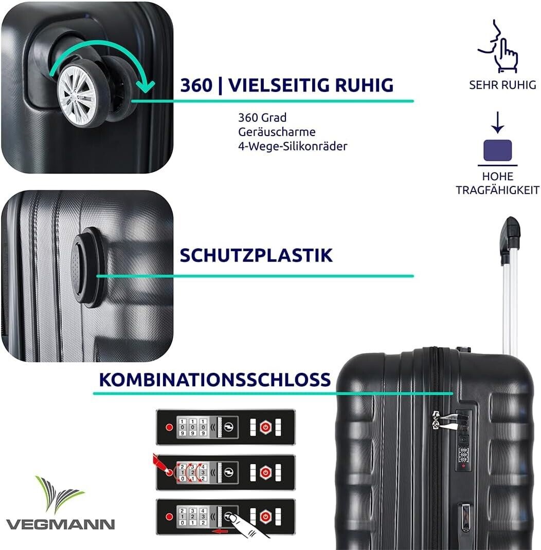 3-teiliges Hartschalen Kofferset Schwarz – Reisekoffer M/L/XL mit 4 Rollen & Zahlenschloss – ABS Trolley für Urlaub & Flugreisen