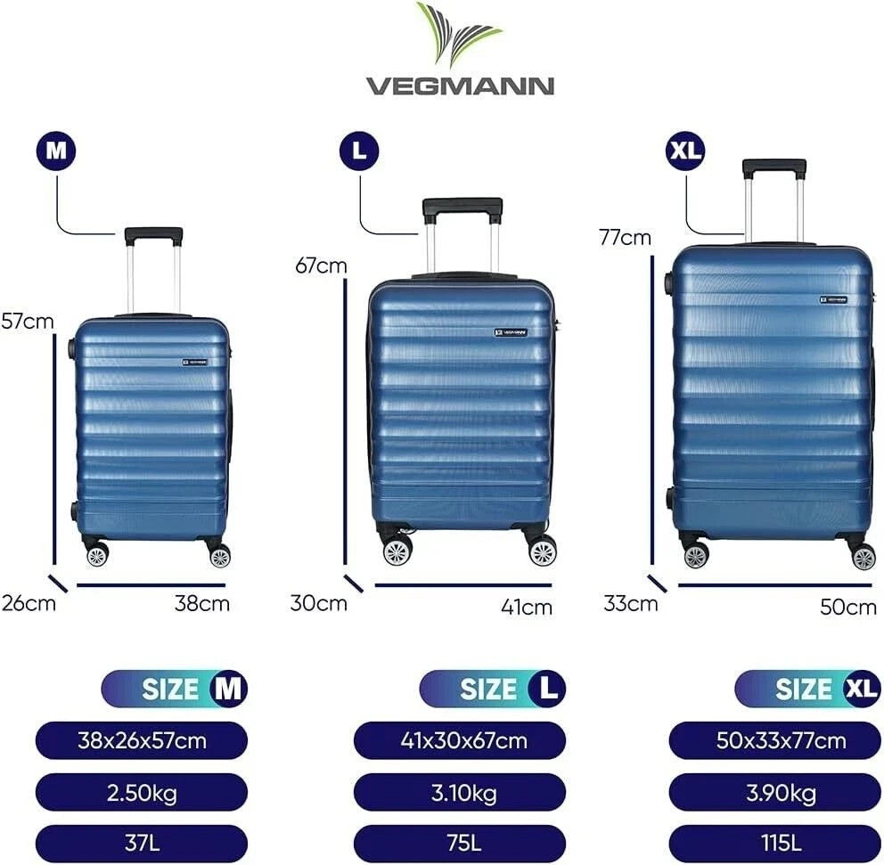 Hartschalenkoffer Trolley Blau – M / L / XL / 3er Set – 4 Rollen, ABS