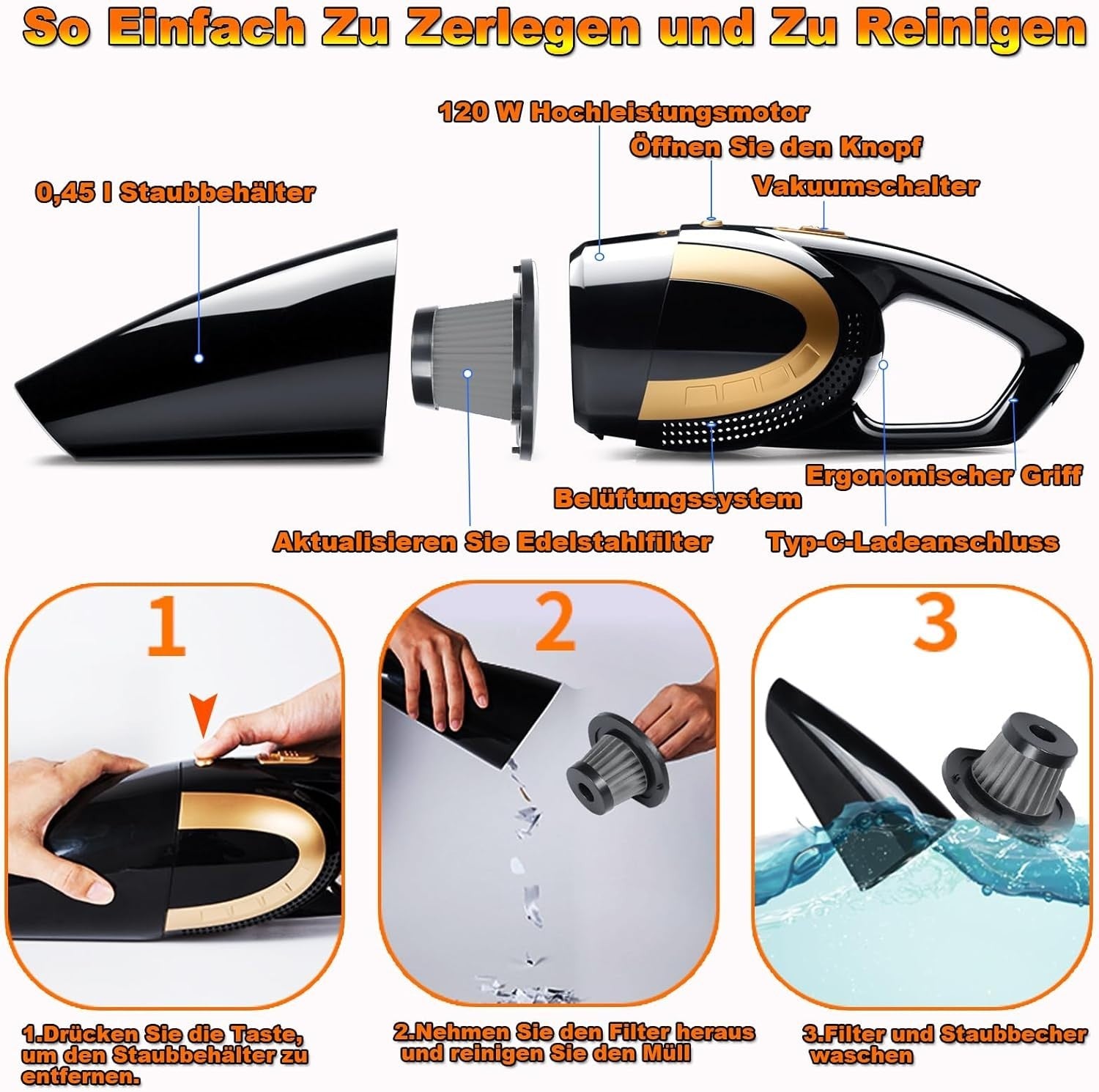 Handstaubsauger Kabellos 16000Pa Akku Tierhaare Auto Nass/Trocken 120W