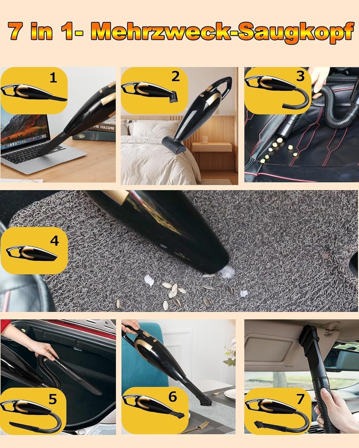 Handstaubsauger Kabellos 16000Pa Akku Tierhaare Auto Nass/Trocken 120W