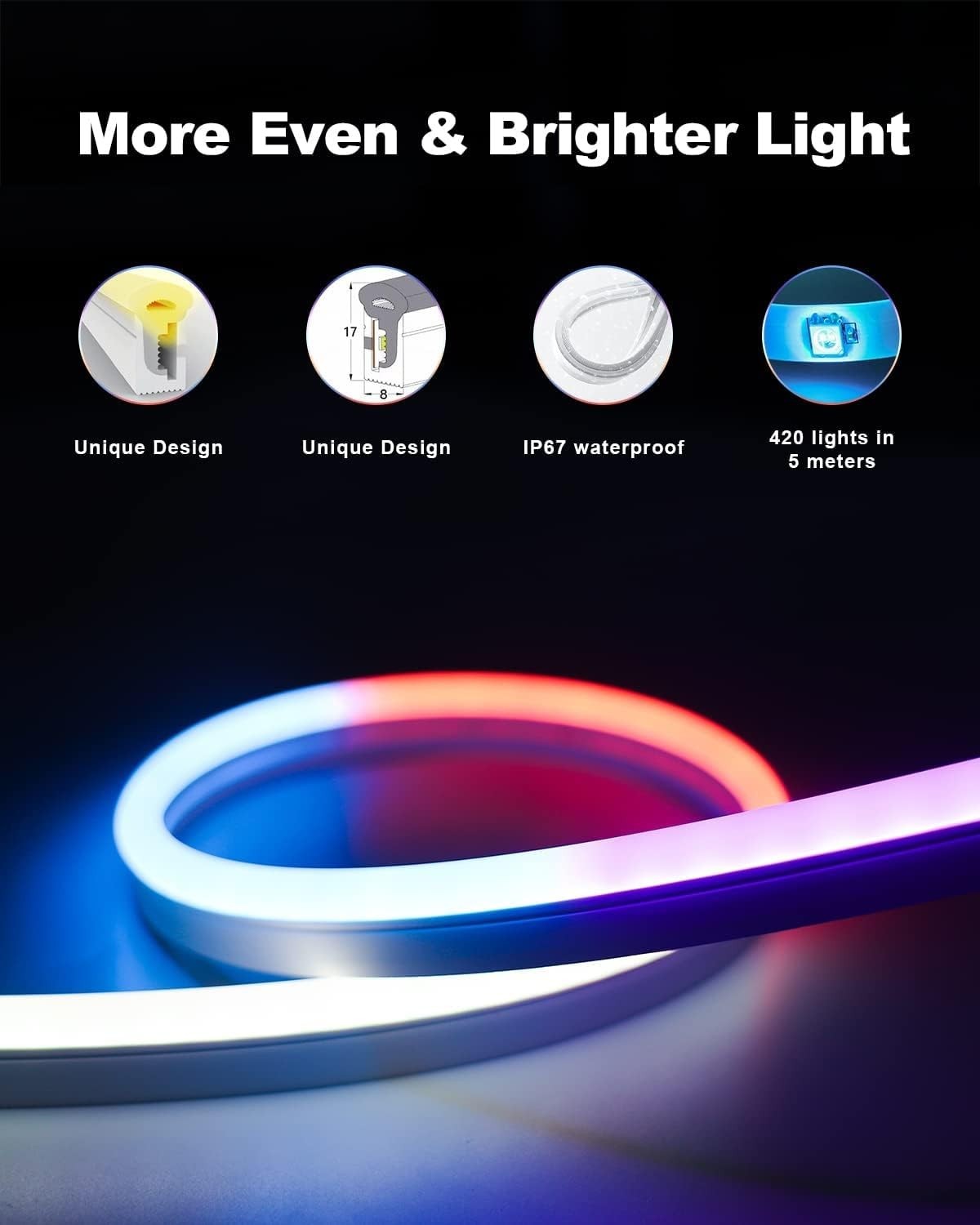 Neon LED Strip 5m RGB-IC Licht mit Musiksteuerung & Alexa für Wanddeko IP65