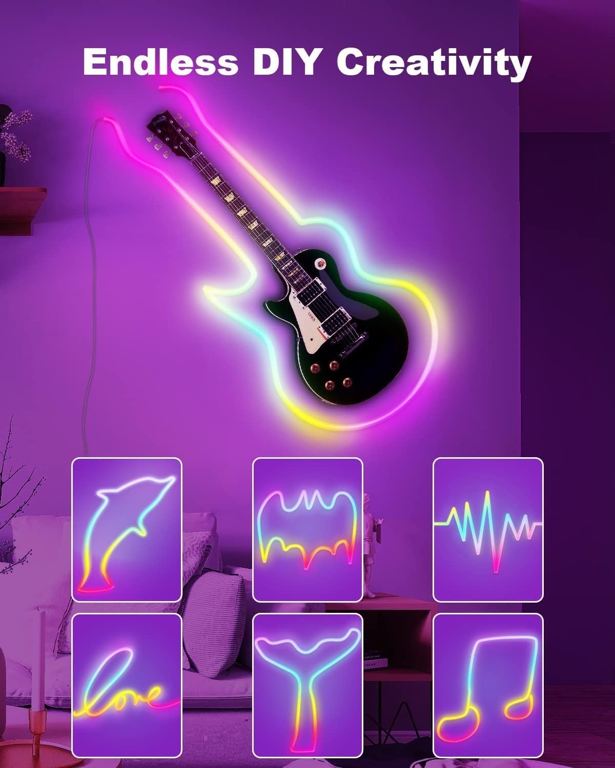 Neon LED Strip 5m RGB-IC Licht mit Musiksteuerung & Alexa für Wanddeko IP65