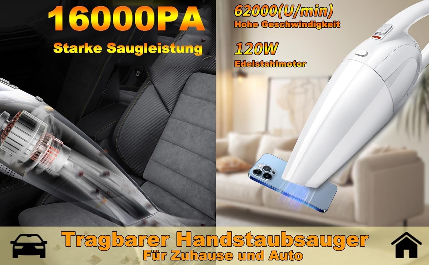Handstaubsauger Kabellos 16000Pa Akku Tierhaare Auto Nass /Trocken 120W
