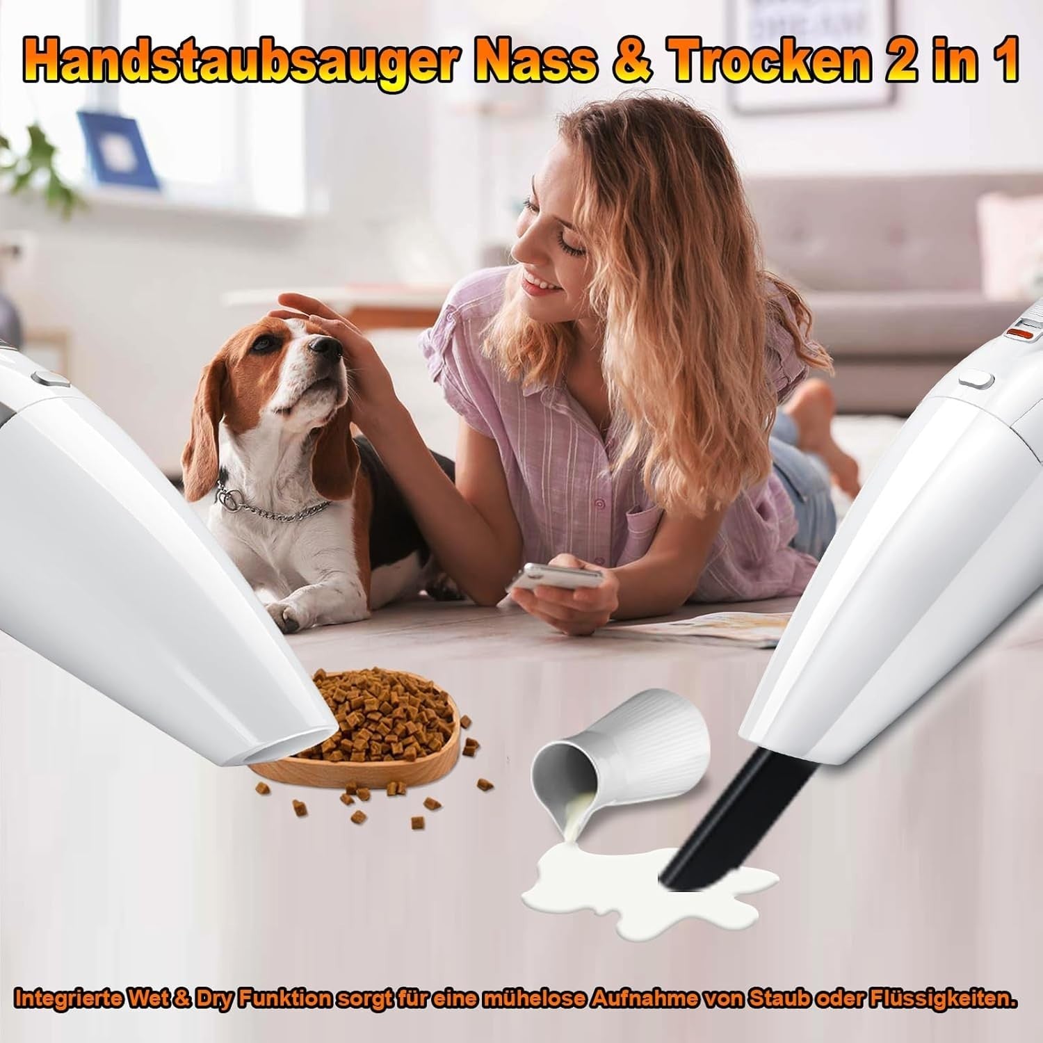 Handstaubsauger Kabellos 16000Pa Akku Tierhaare Auto Nass /Trocken 120W