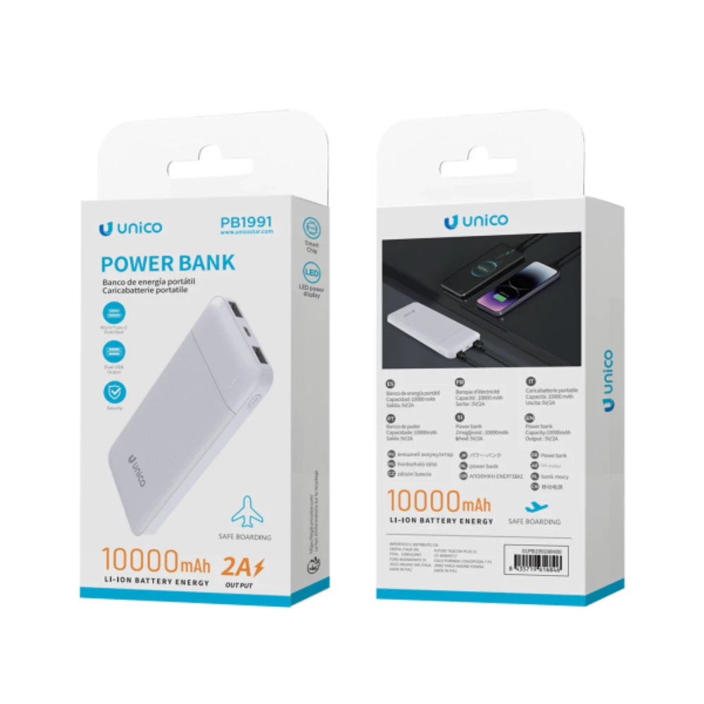 Powerbank 10000mAh Weiß/Schwarz | 2x USB + Typ-C | LED Anzeige | Mix Farben 8435719616846