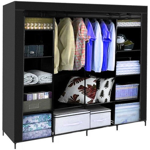 Kleiderschrank Stoff 170x170cm XXL Faltschrank 14 Fächer 2Kleiderstangen Schwarz