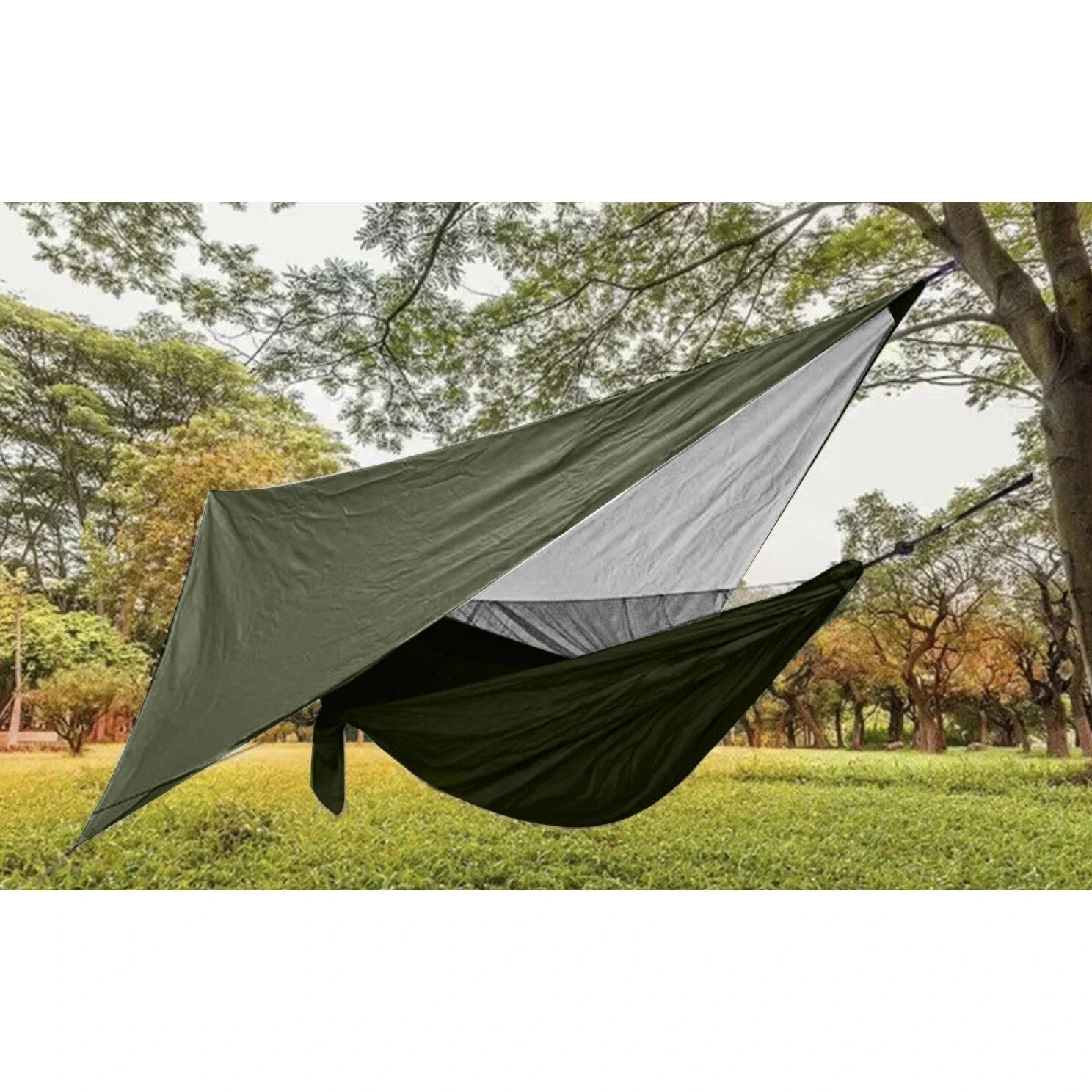Hängematte 2 Personen mit Moskitonetz + Tarp Camping Ultraleicht 250kg Khaki