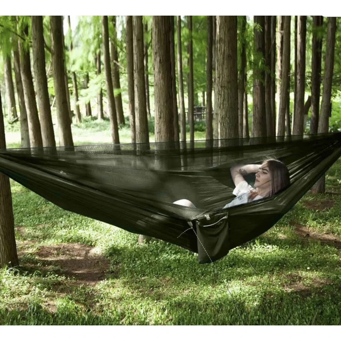 Hängematte 2 Personen mit Moskitonetz + Tarp Camping Ultraleicht 250kg Khaki