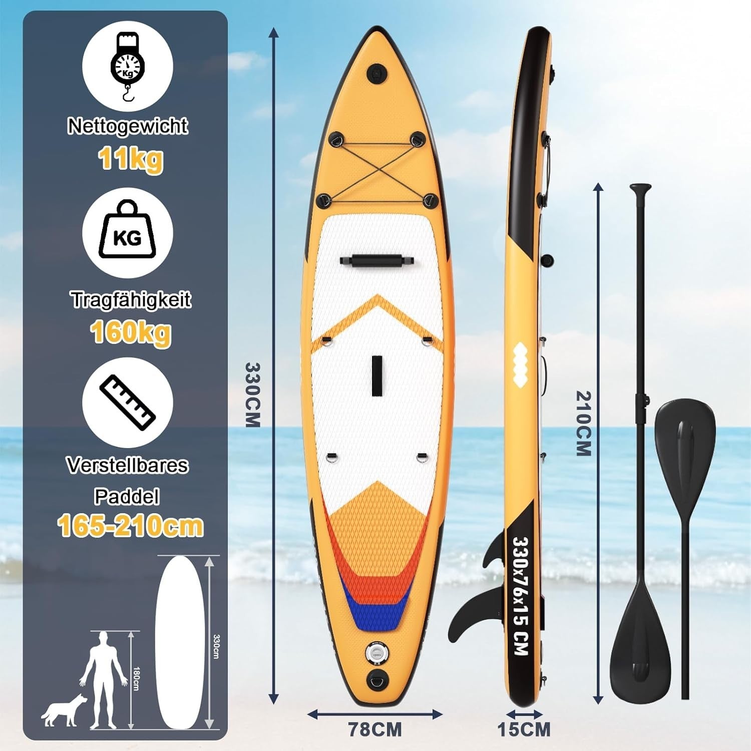 Aufblasbares SUP Board 330x76x15cm – 2in1 Stand Up Paddle mit Kajaksitz & Zubehör, Bis 160kg, Ideal für Surfen, Angeln, Yoga & Freizeit
