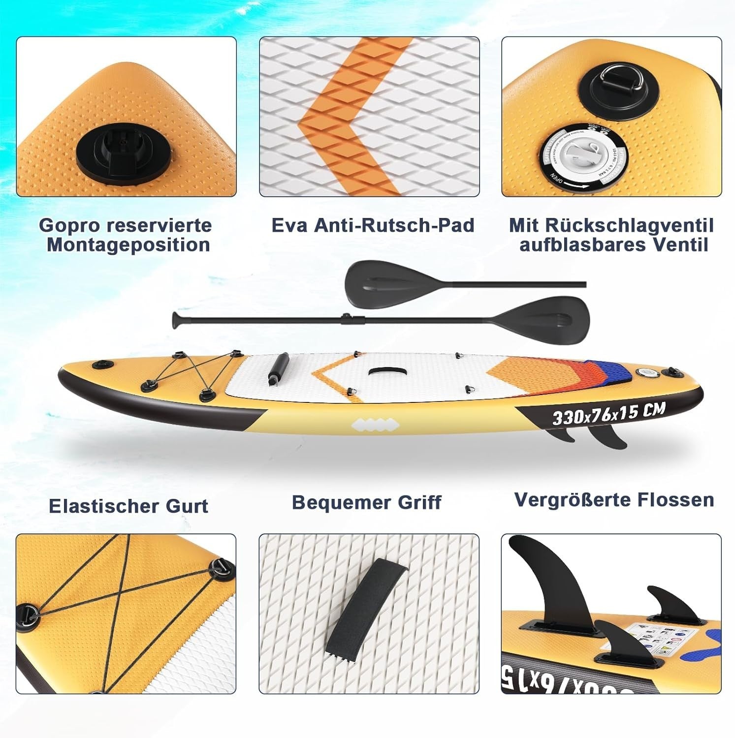 Aufblasbares SUP Board 330x76x15cm – 2in1 Stand Up Paddle mit Kajaksitz & Zubehör, Bis 160kg, Ideal für Surfen, Angeln, Yoga & Freizeit