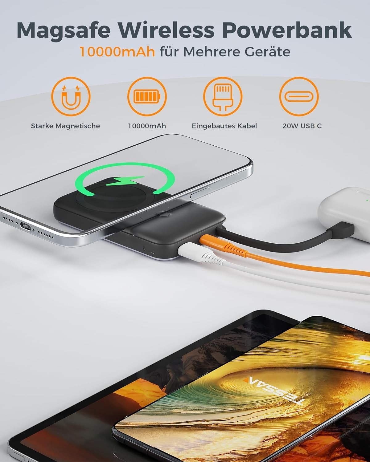 TESSAN Powerbank 10000mAh MagSafe 20W Wireless PD USB C Externer Akku