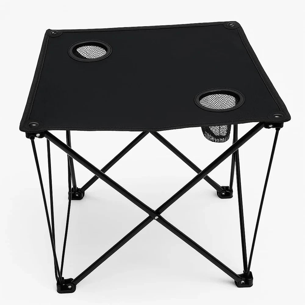 2x Klappstuhl + 1x Campingtisch Set Schwarz – Faltbar mit Getränkehalter&Taschen