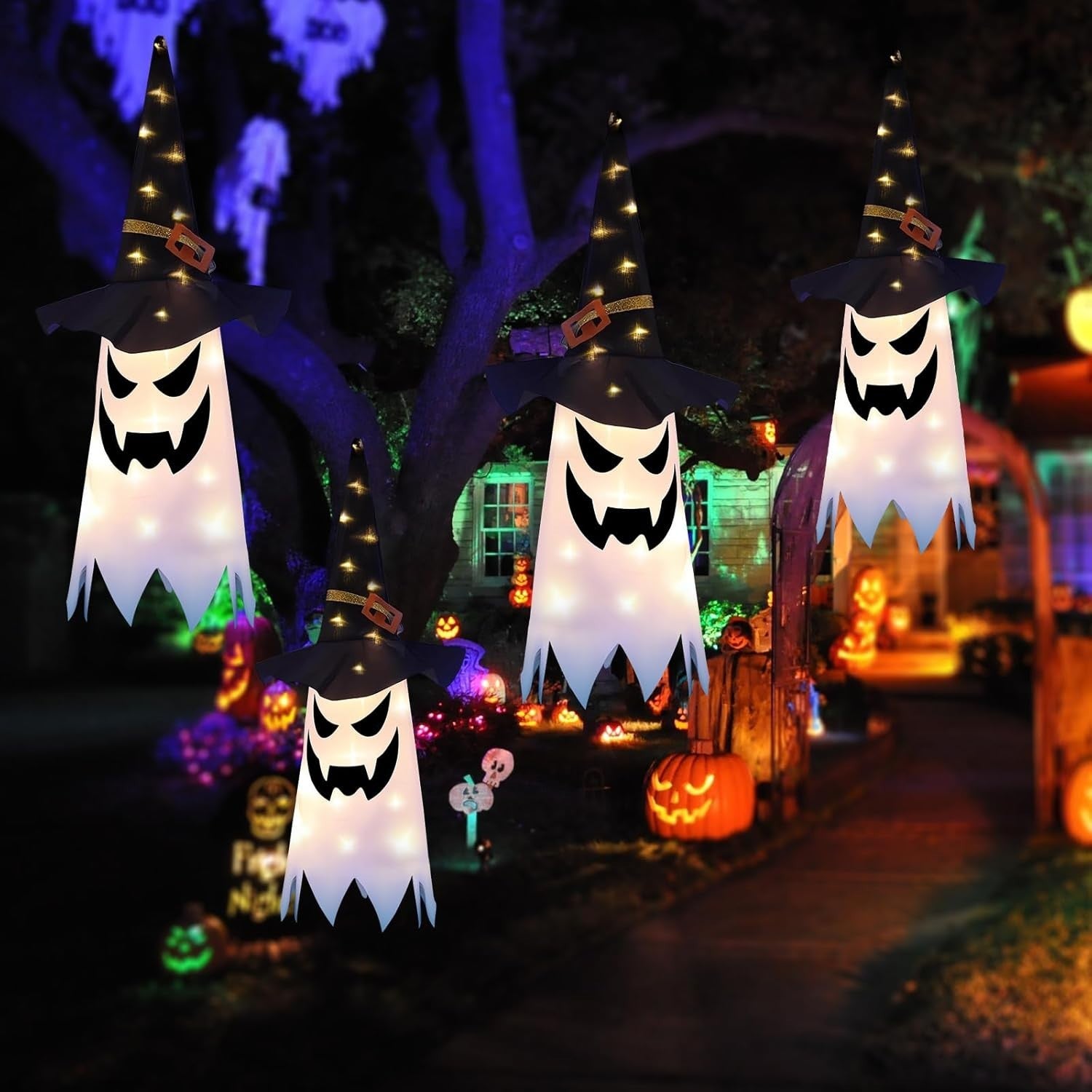 Halloween Deko Hängender Leuchtender Geist mit Hexenhut LED 80x25cm 🎃🎃🎃