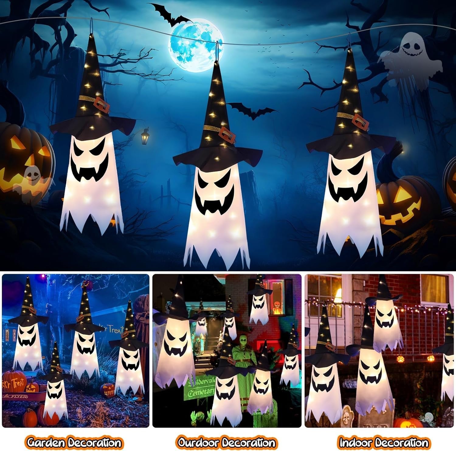 Halloween Deko Hängender Leuchtender Geist mit Hexenhut LED 80x25cm 🎃🎃🎃