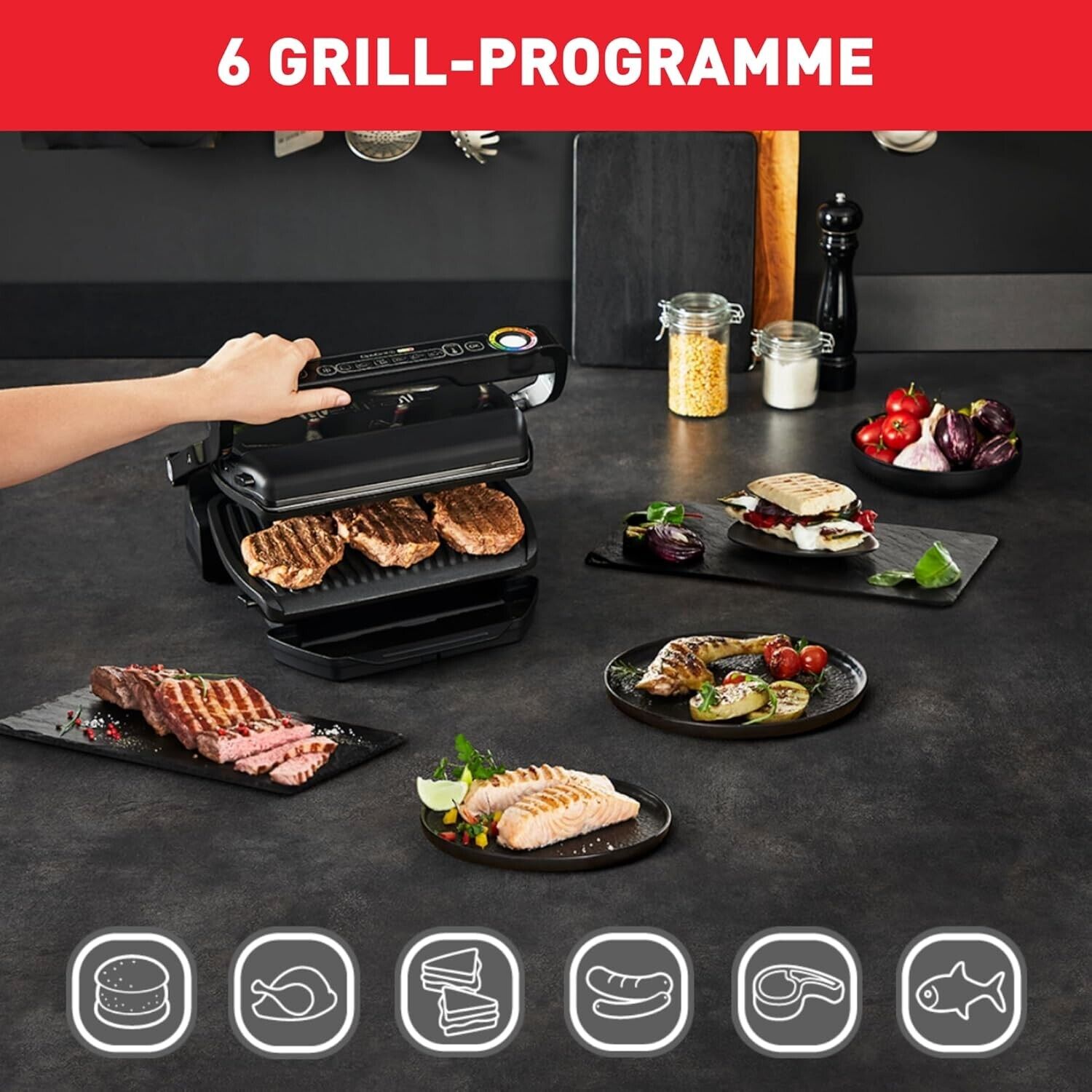 Tefal OptiGrill GC7058 Kontaktgrill 2000W 6 Programme, Garstufenanzeige, Schwarz