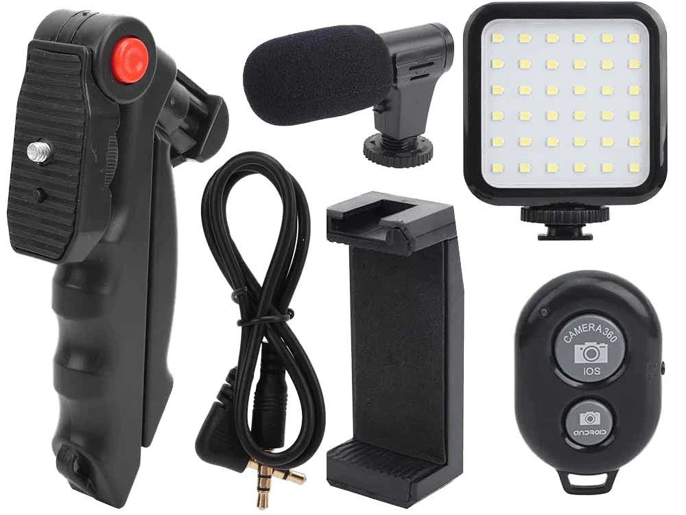 Vlogging Kit Stativ Mikrofon LED-Licht Handyhalter Set mit Bluetooth Fernbedieng