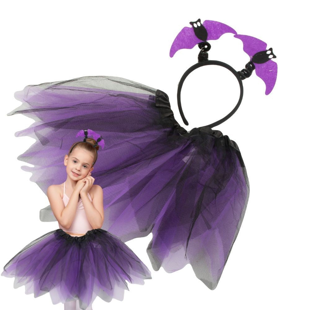 Halloween Kostüm Mädchen 🎃 Fledermaus Rock mit Stirnband Schwarz Lila 👻
