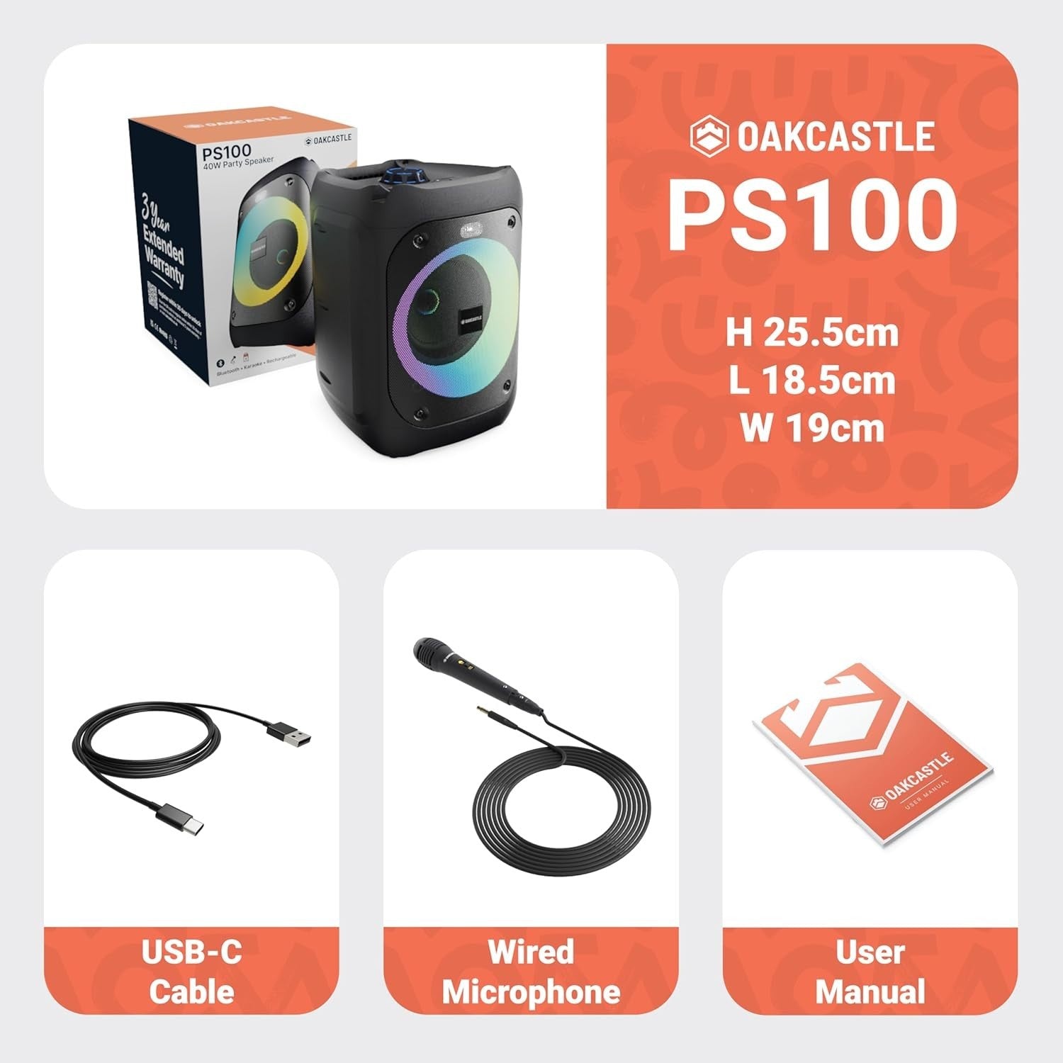Partybox Bluetooth Lautsprecher 40W Oakcastle PS100 Karaoke LED USB SD