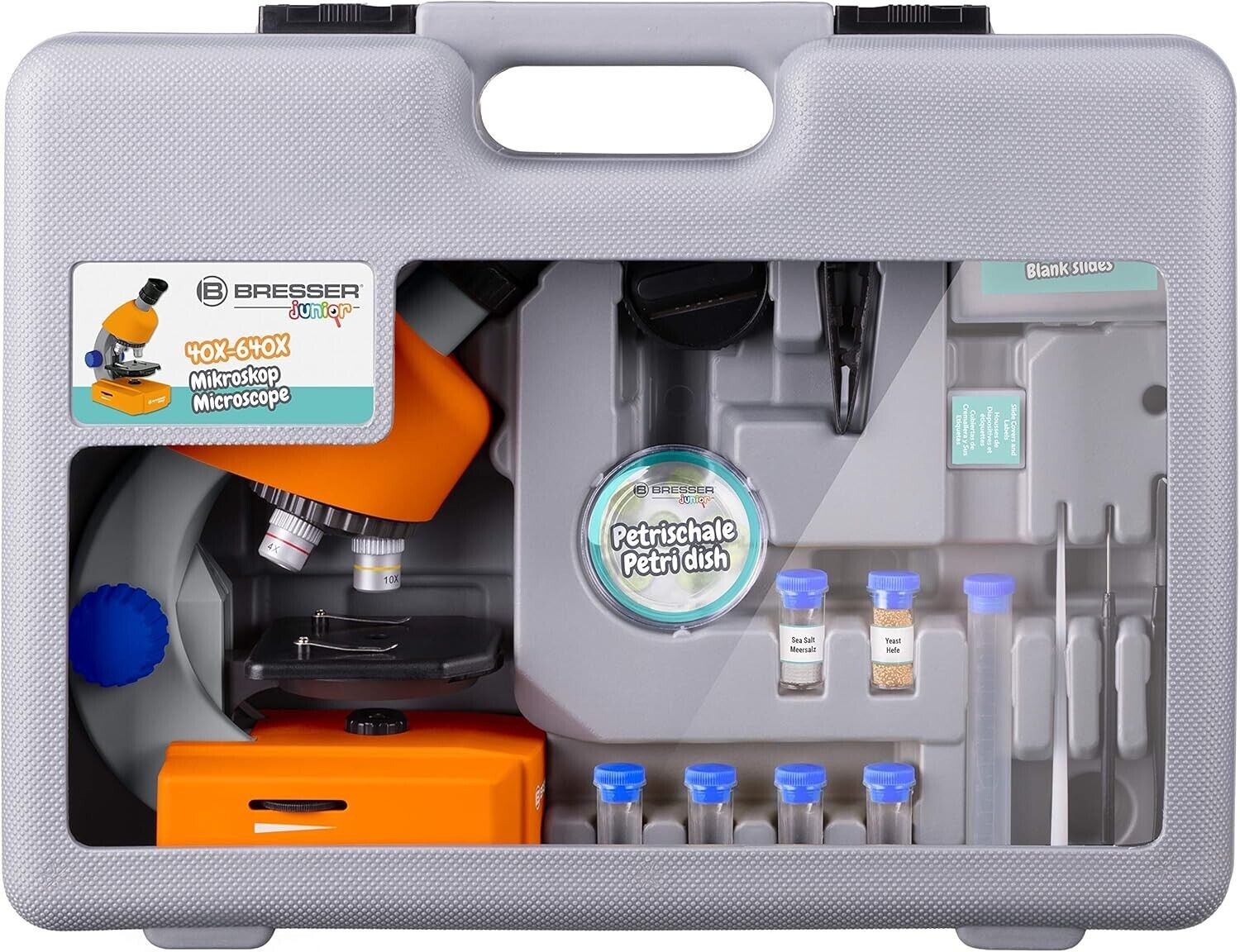 Bresser Junior Mikroskop 40x-640x mit LED, Zoom Monokular & Zubehör im Koffer