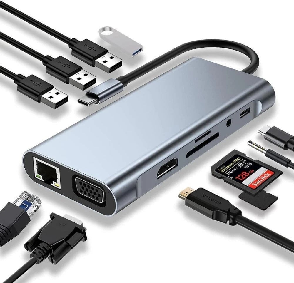 USB C Hub 11-in-1 Dockingstation HDMI 4K VGA RJ45 SD TF Audio Adapter