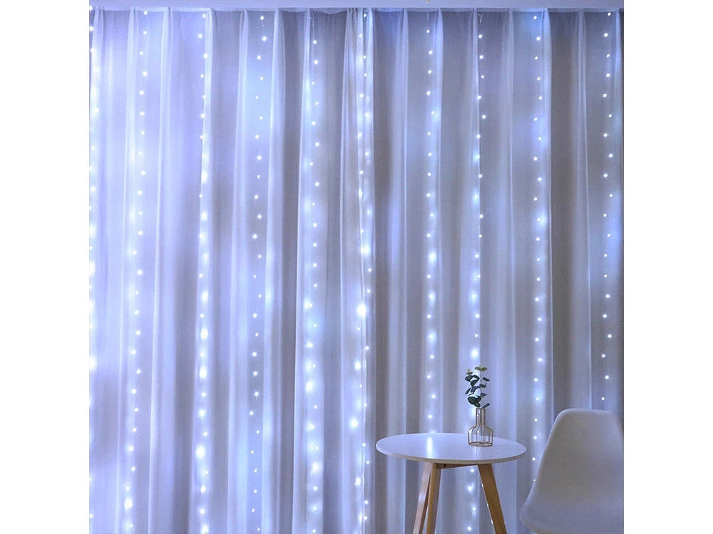 LED Lichtervorhang 300 LEDs 3x3m kaltweiß USB Netzadapter & Fernbedienung