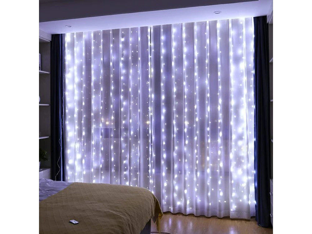 LED Lichtervorhang 300 LEDs 3x3m kaltweiß USB Netzadapter & Fernbedienung