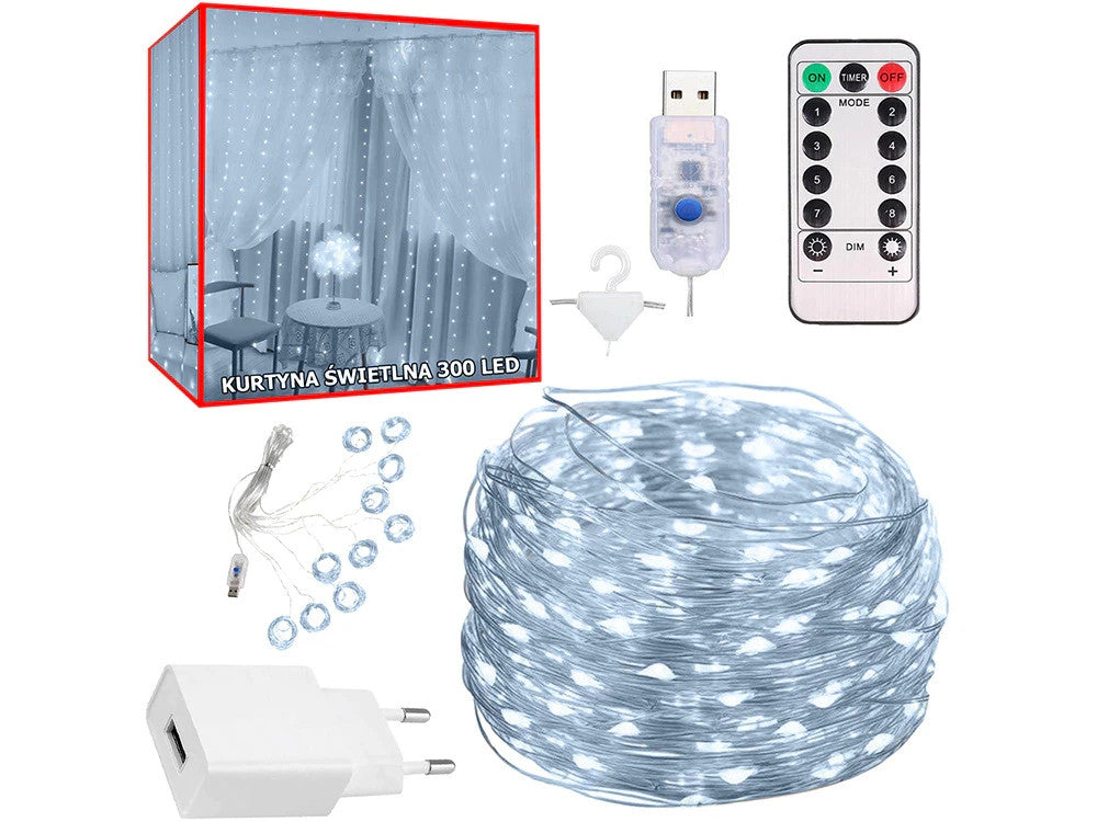 LED Lichtervorhang 300 LEDs 3x3m kaltweiß USB Netzadapter & Fernbedienung