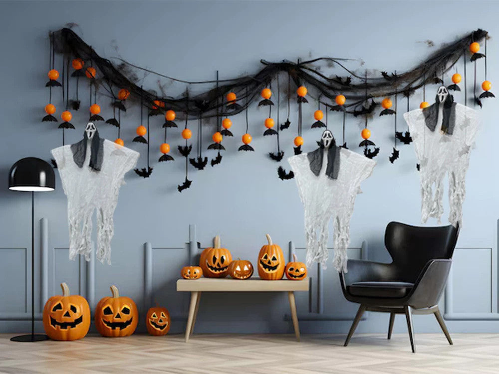 Halloween Hängedeko Gespenst Skelett Phantom Maske 90cm Schwarz Weiß