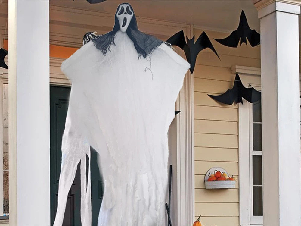 Halloween Hängedekoration 90 cm–Gruseliges Gespenst mit Maske &flatterndem Stoff