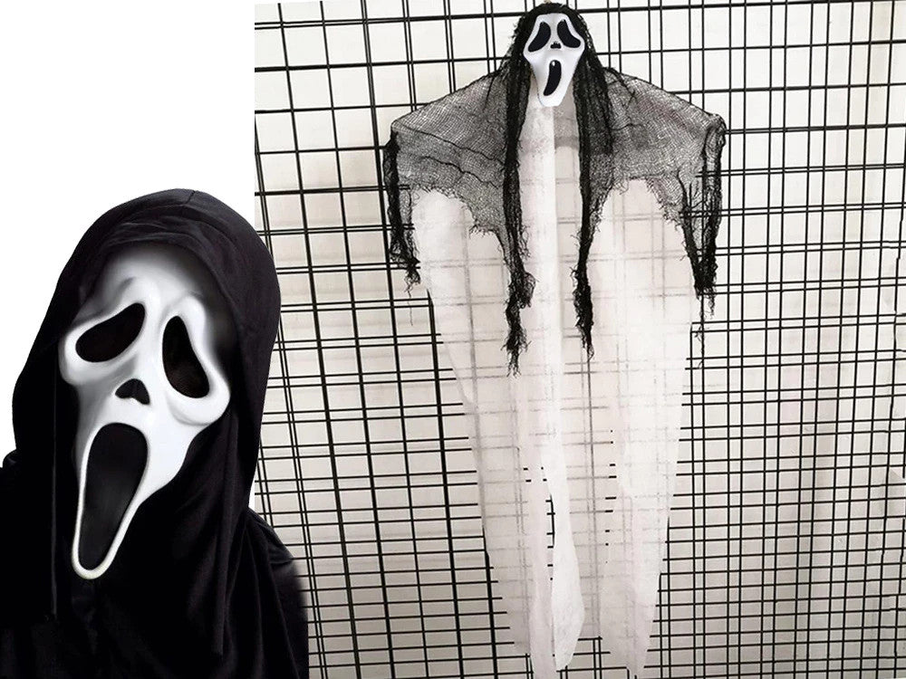 Halloween Hängedekoration 90 cm–Gruseliges Gespenst mit Maske &flatterndem Stoff