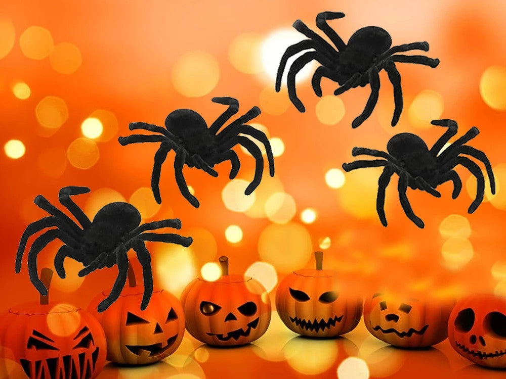 Halloween Spinnen Set 4 Stück Gruselige Schwarze Deko Spinne 11cm