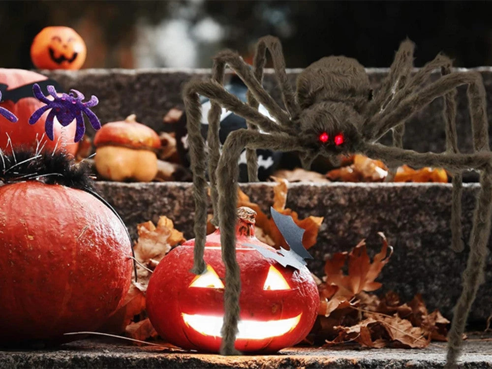 Halloween Riesenspinne XXL – Realistische Tarantel Deko mit roten Augen, schwarz