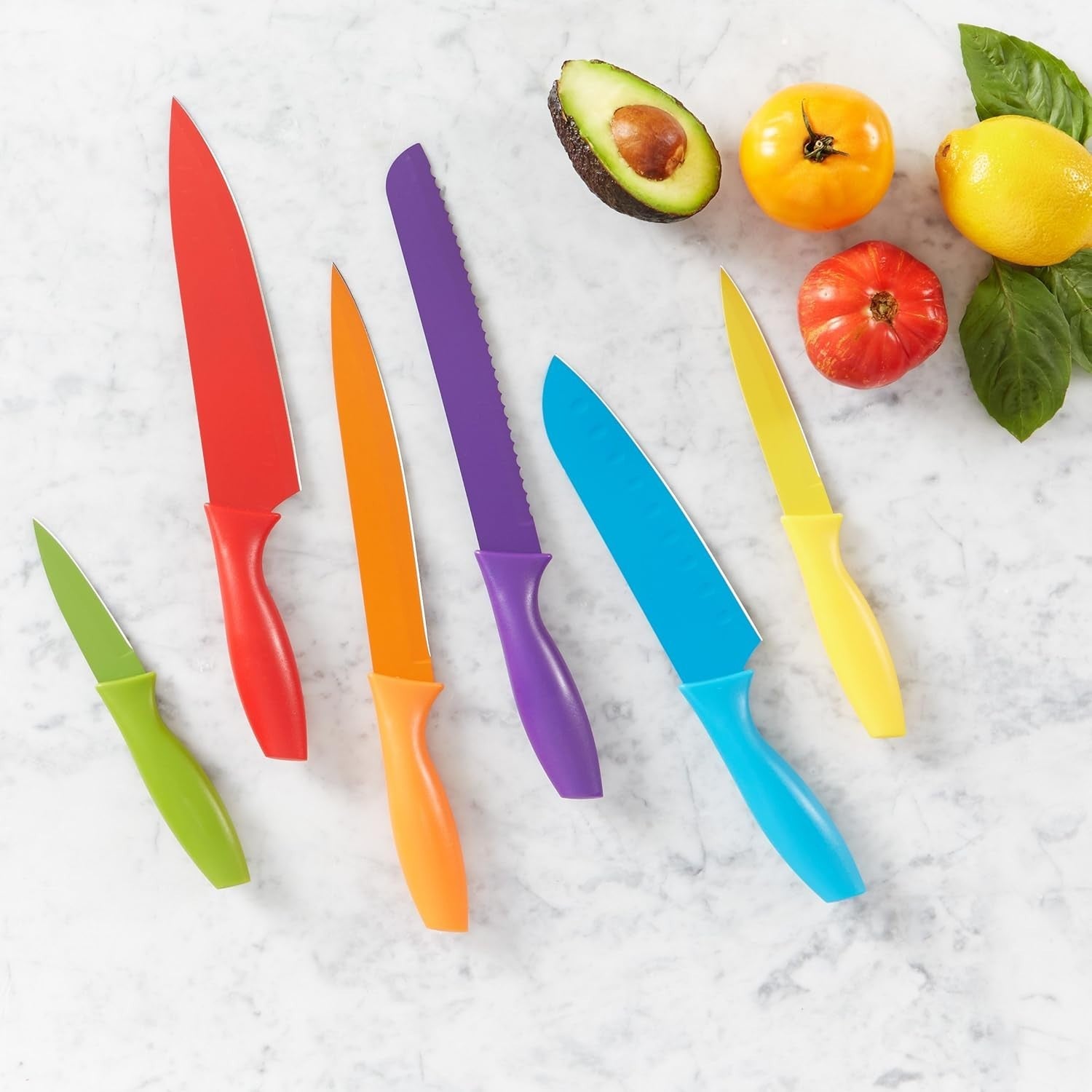 Messer-Set 12-teilig – Kochmesser, Brotmesser, Santoku & mehr im bunten Design