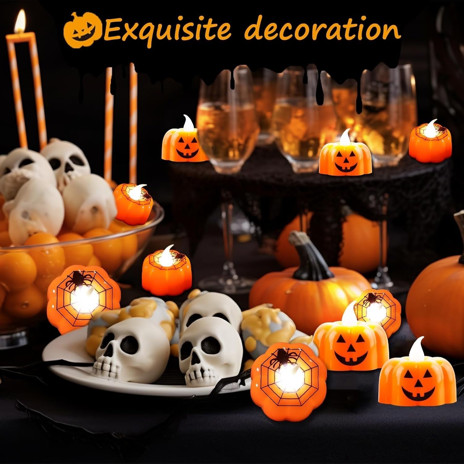 Halloween LED Kerzen 12 Stk 🎃 Kürbis Teelichter Flammenlos Party Deko