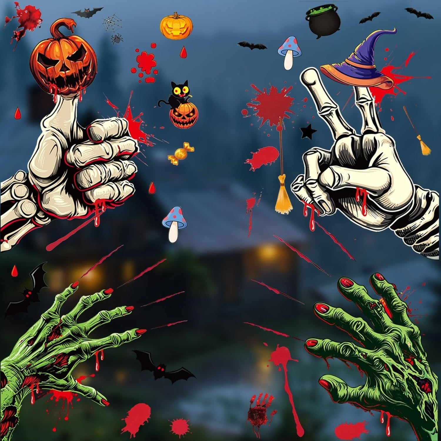 Halloween Fensteraufkleber 👻 59 Stk Blutige Hand- & Fußabdrücke Horror Deko
