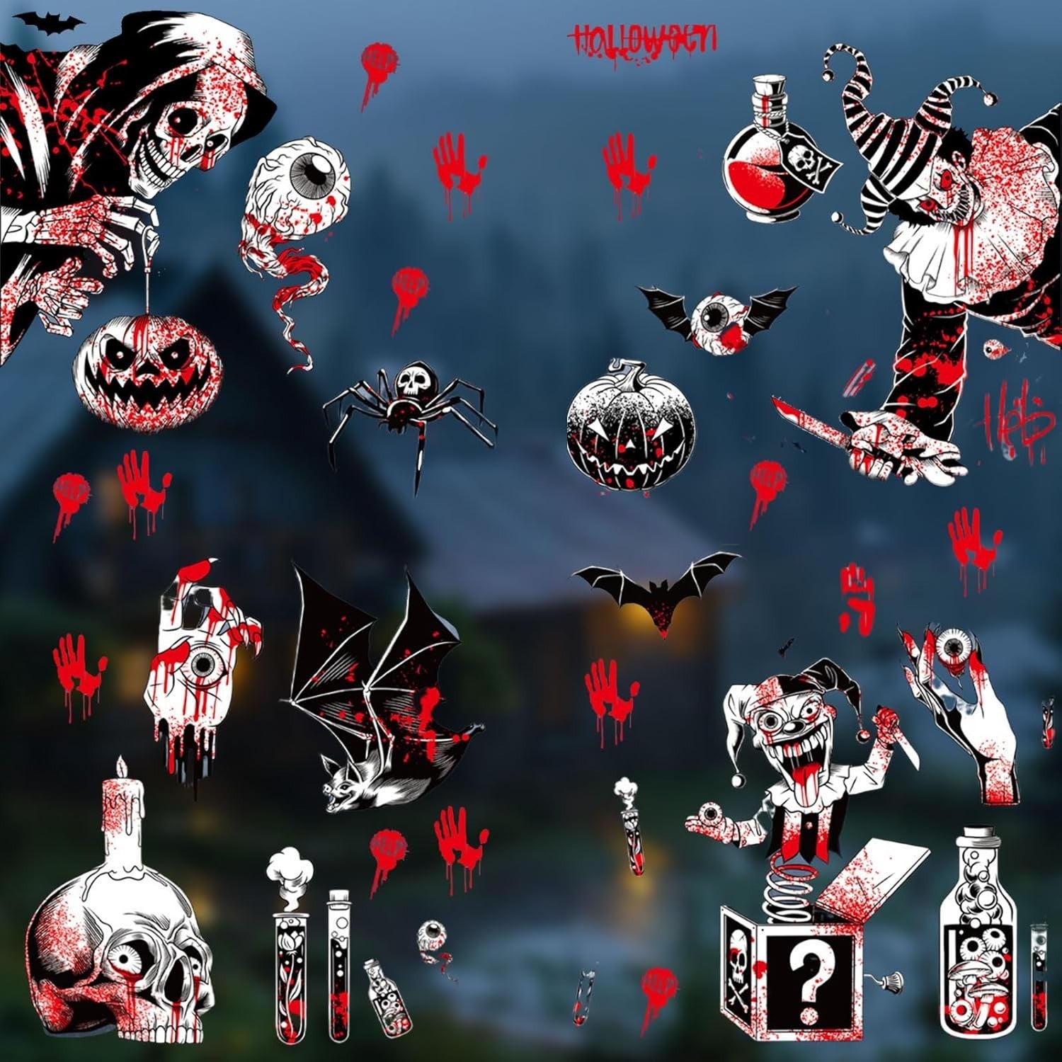 Halloween Fensteraufkleber 👻 80 Stk Blutige Hand- & Fußabdrücke Horror Deko