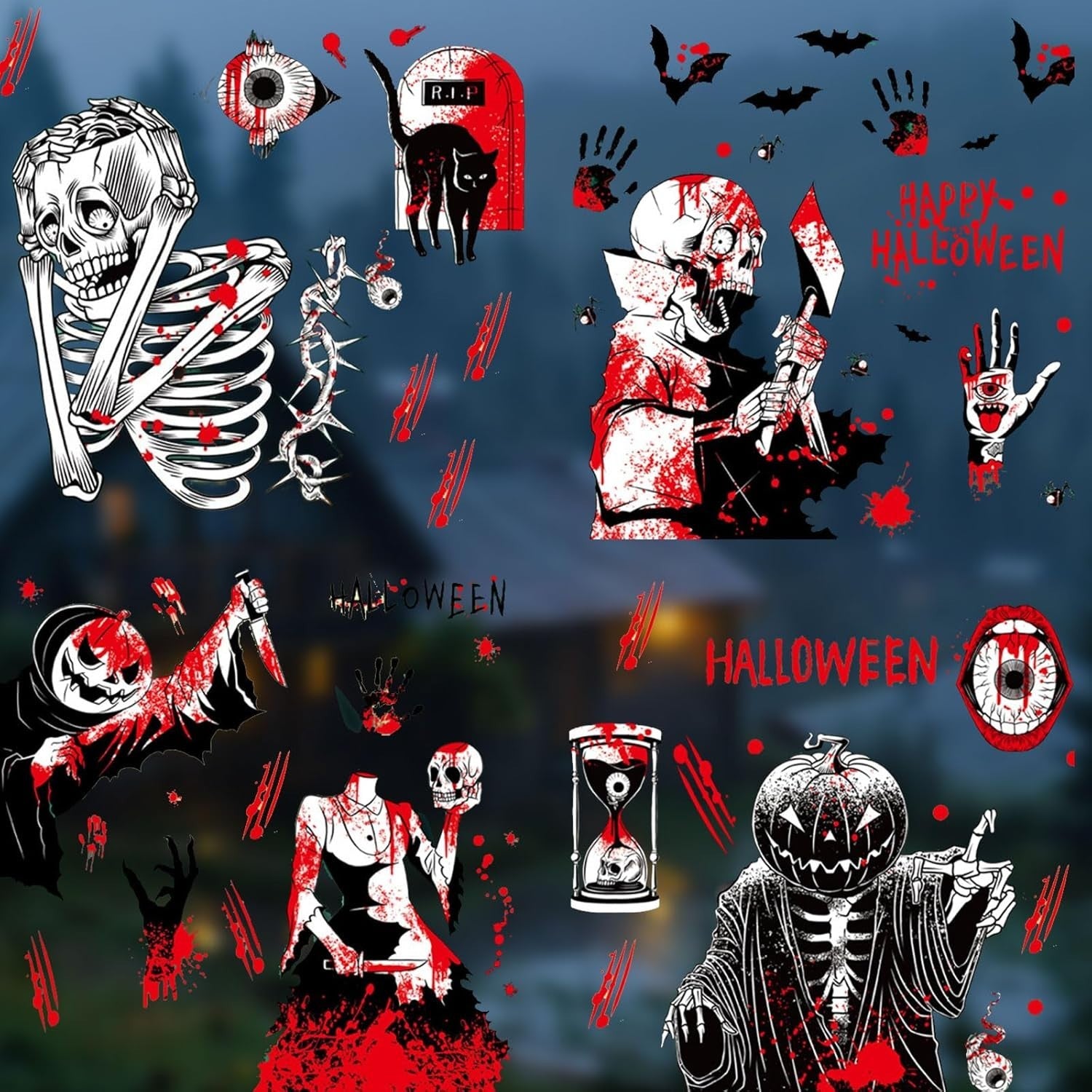 Halloween Fensteraufkleber 👻 92 Stk Blutige Hand- & Fußabdrücke Deko