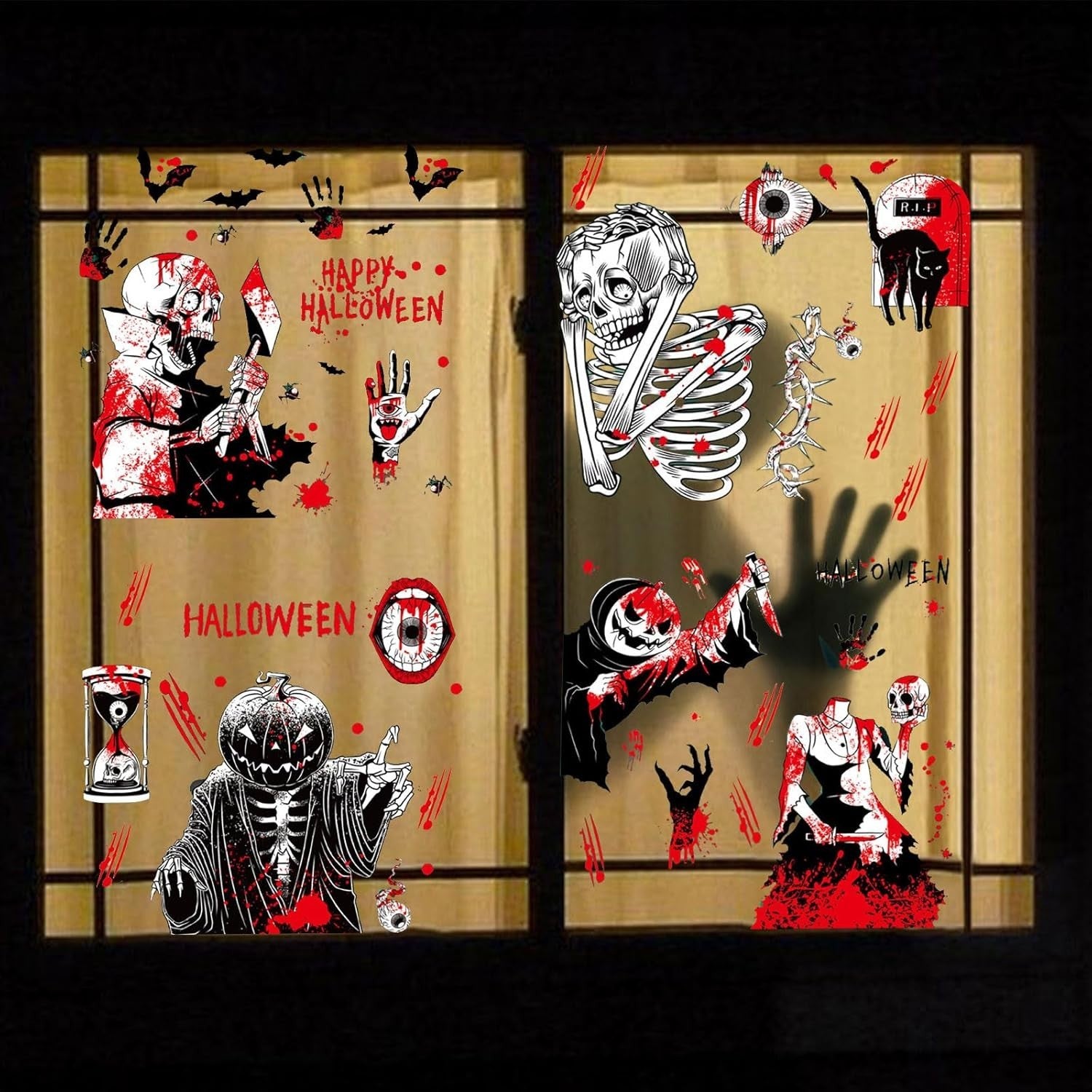 Halloween Fensteraufkleber 👻 92 Stk Blutige Hand- & Fußabdrücke Deko