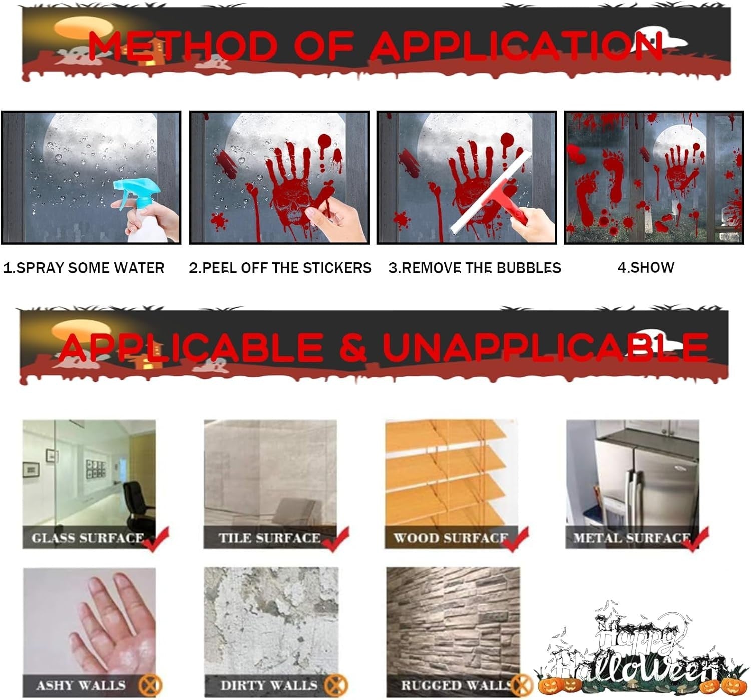 Halloween Fensterbilder 9 Blätter XXXL Blut Aufkleber Deko Sticker Horror Party
